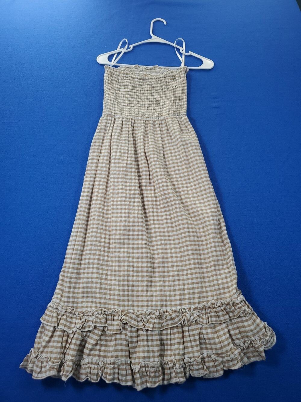 Sim & Sam Smocked Gingham Cotton Midi Dress Tan White Combo Plaid Size XS